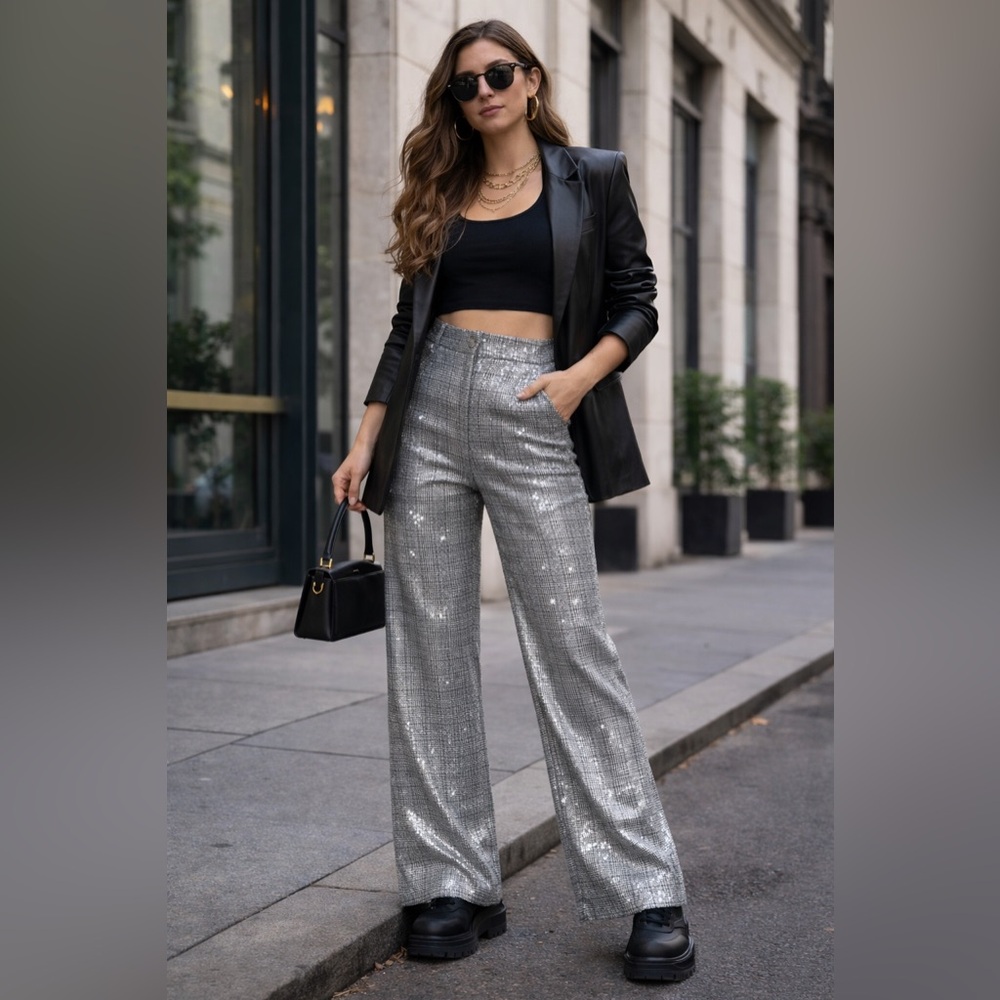 Fashion Nova Silver Sparkle Wide-Leg Pants